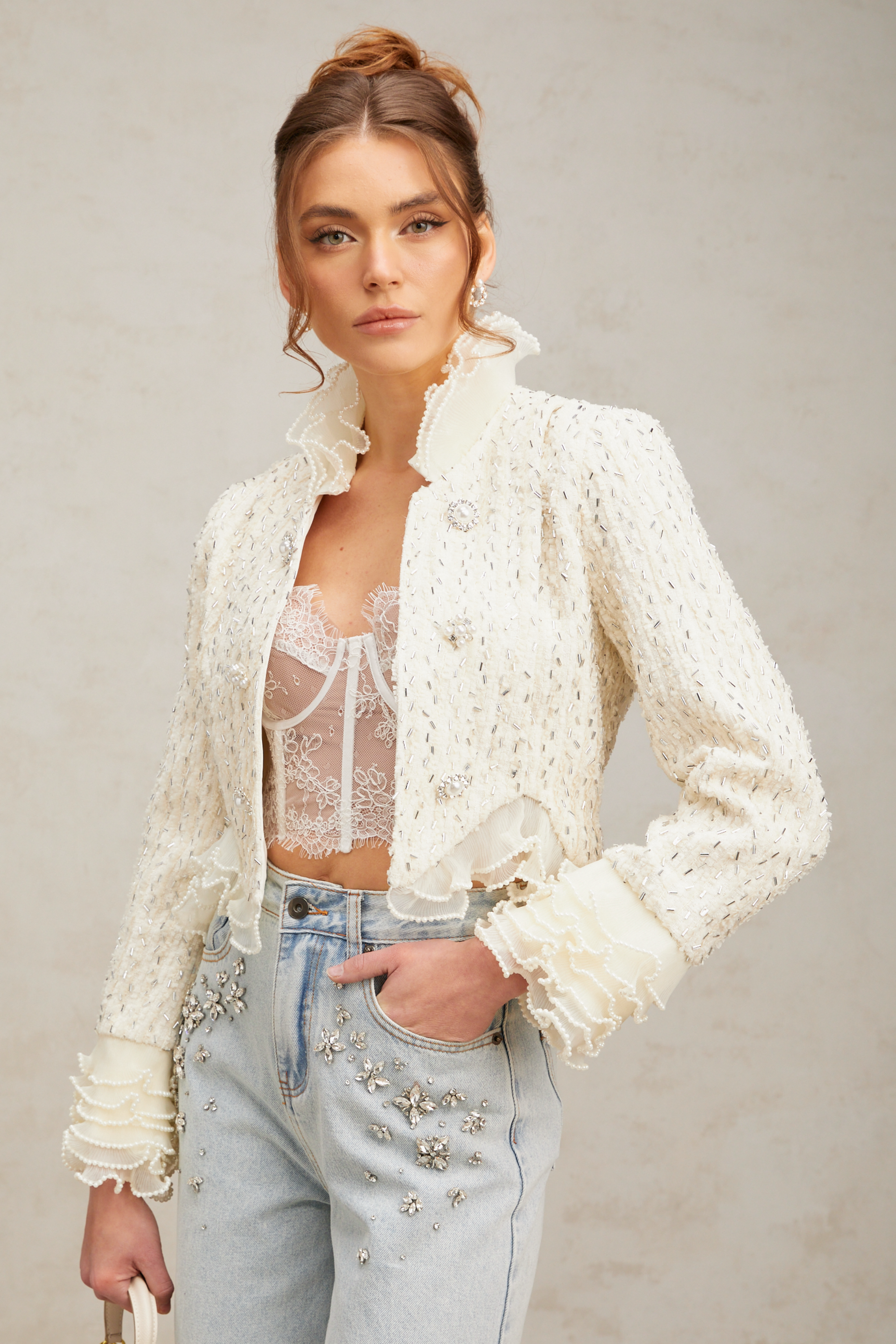 Women's White Ruffle Cropped Jacket – Lyvia Fashion